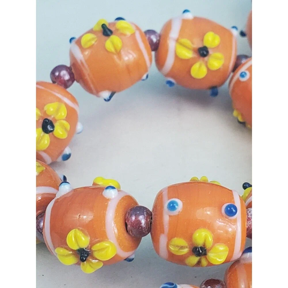 4 Vtg Millefior Lampwork Glass Bead Napkin Rings Orange Floral Table Decor
